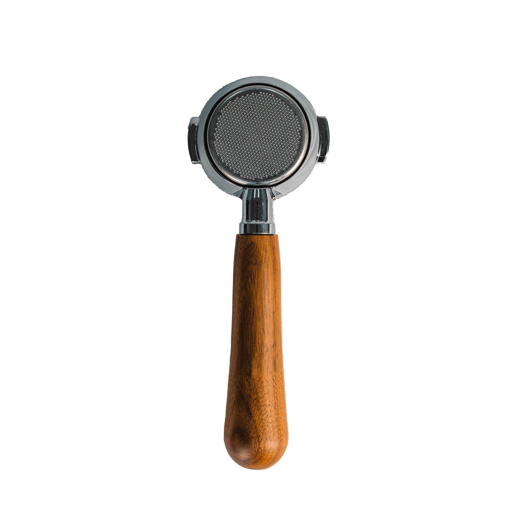 E61 bottomless portafilter with light wood handle and chrome shower screen