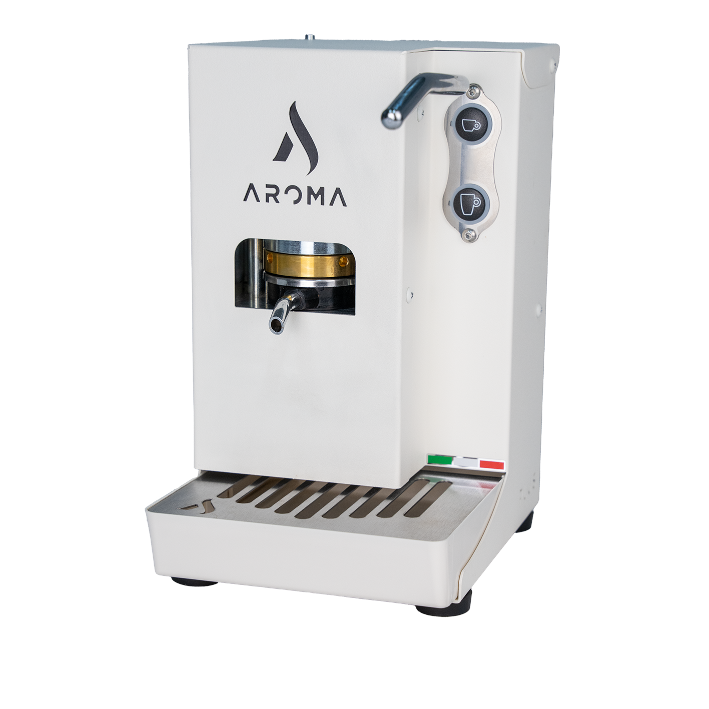 White ESE coffee machine with stand, front controls and portafilter spout