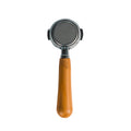 E61 bottomless portafilter with golden wood handle and chrome shower screen