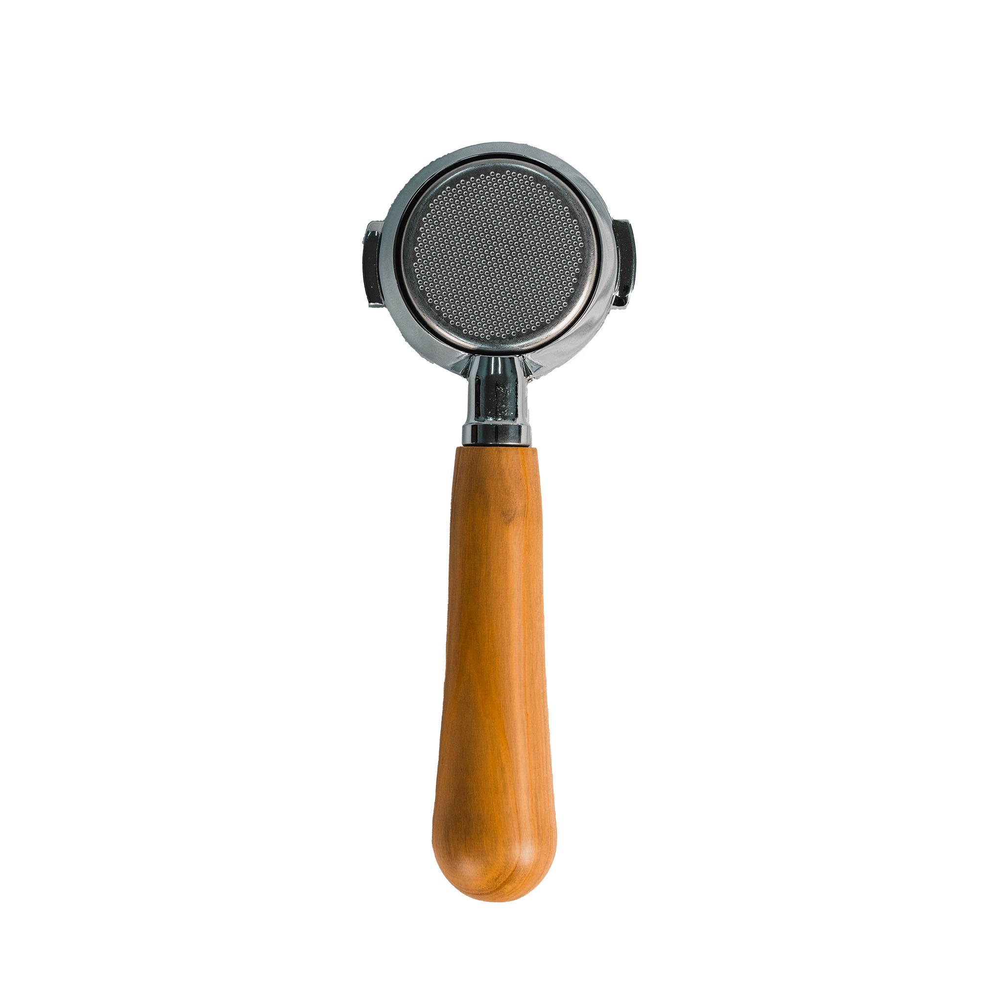 E61 bottomless portafilter with golden wood handle and chrome shower screen