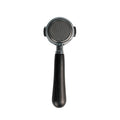 E61 bottomless portafilter with black wood handle and chrome shower screen