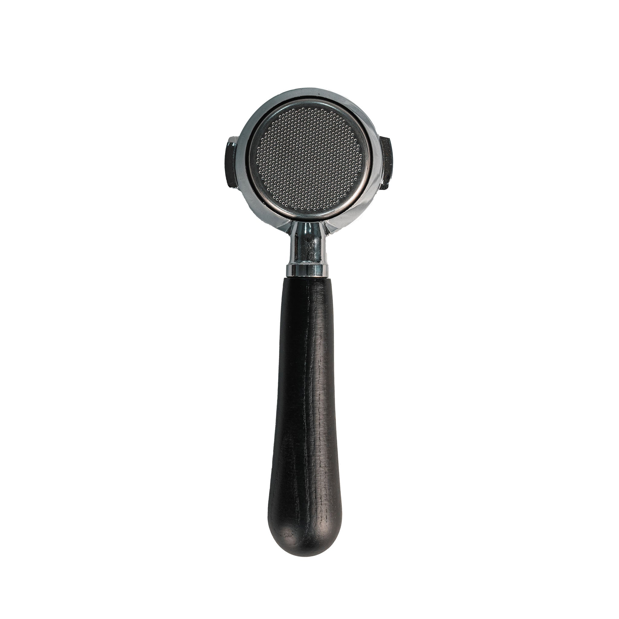 E61 bottomless portafilter with black wood handle and chrome shower screen