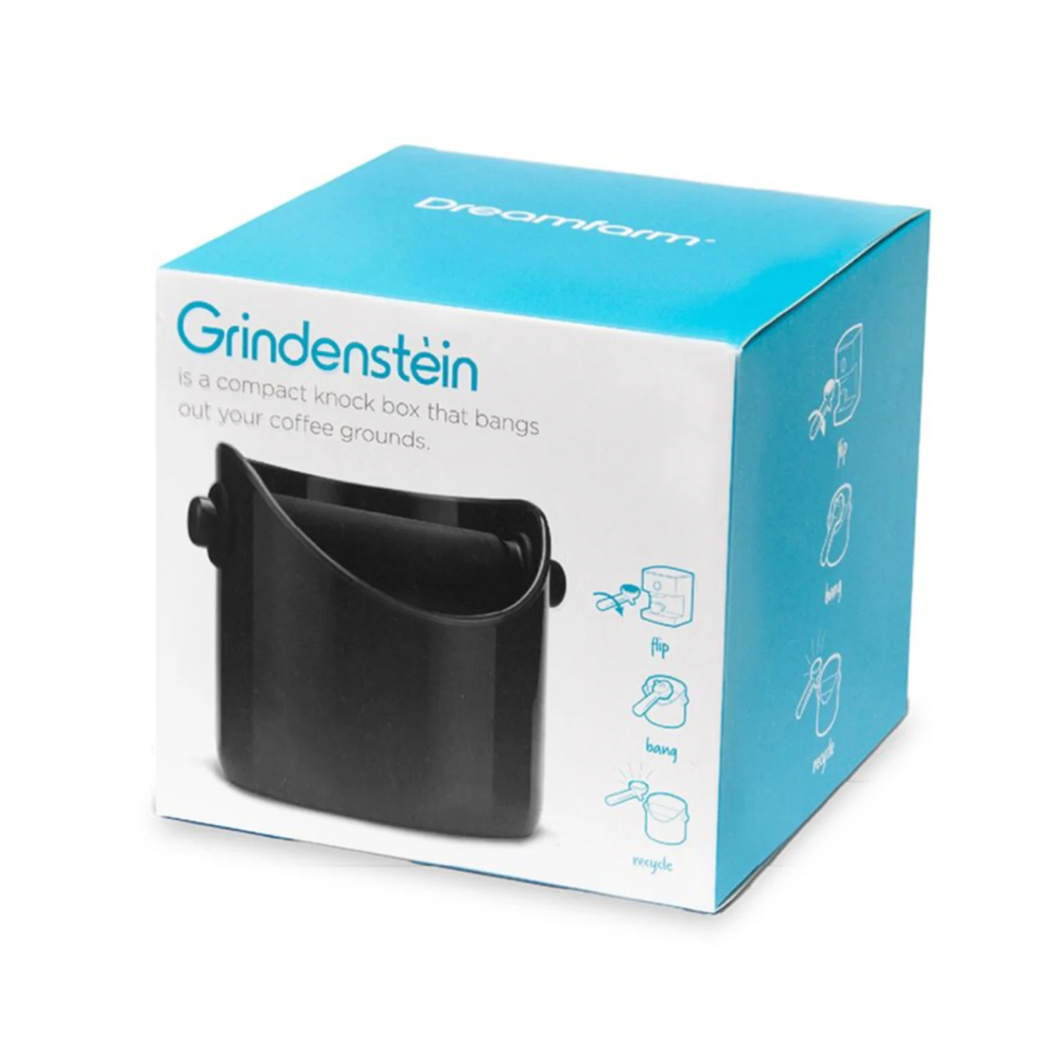 Grindenstein coffee knock box in retail packaging, black unit with side grips