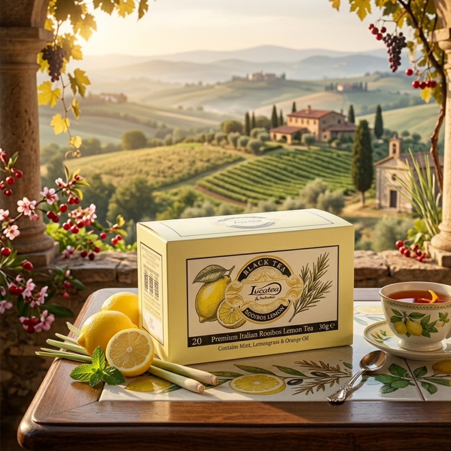 Lucaffé LucaTea Rooibos Lemon tea bags box with lemons and tea cup