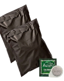 Lucaffé Colombia specialty ESE pods, two black satchels and one coffee pod