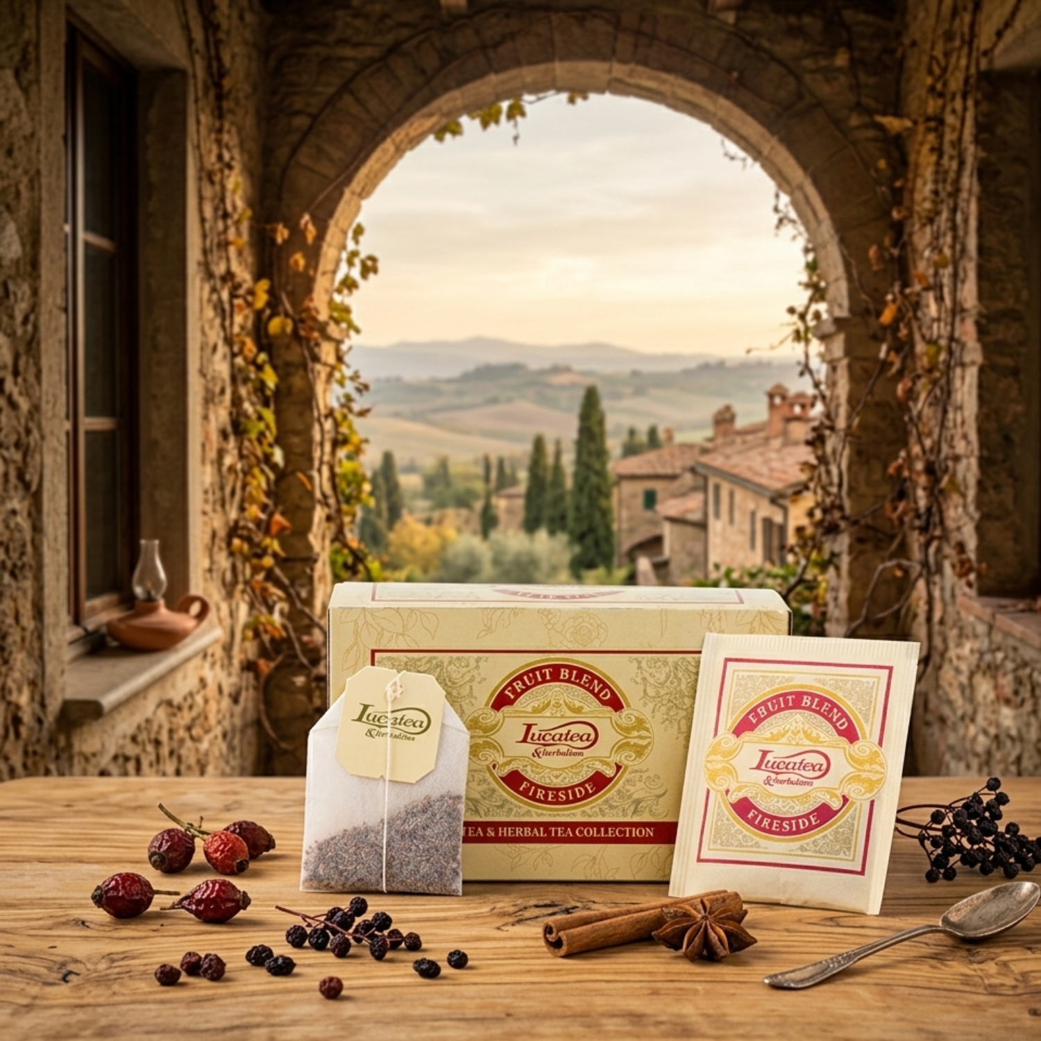 Lucaffé LucaTea Fireside Fruit Blend tea bags with box, sachet, cinnamon and star anise