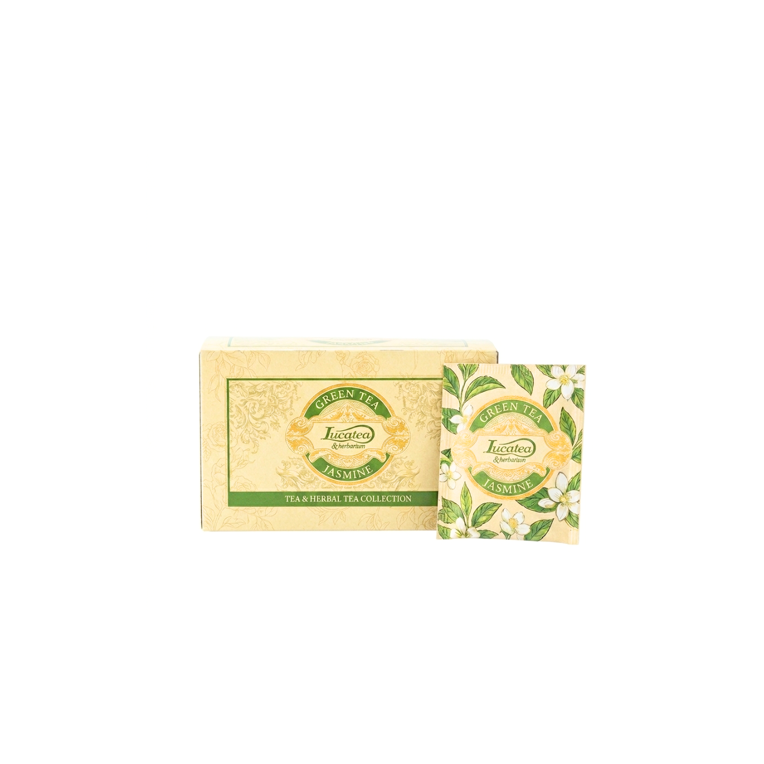 Green jasmine tea bag collection box and single pouch with green circle logos