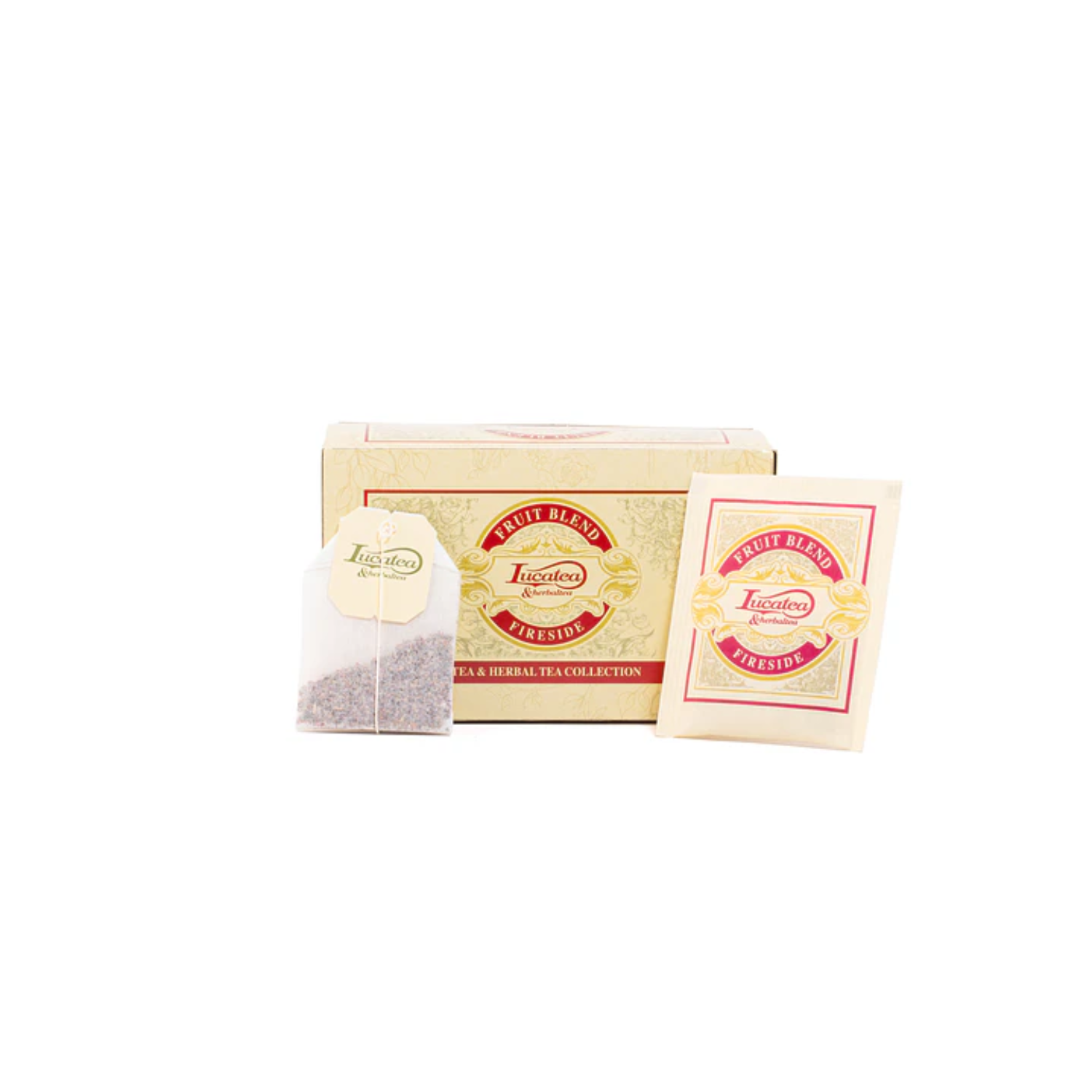 Lucaffé LucaTea Fireside fruit blend tea bags box with sachet and tea bag