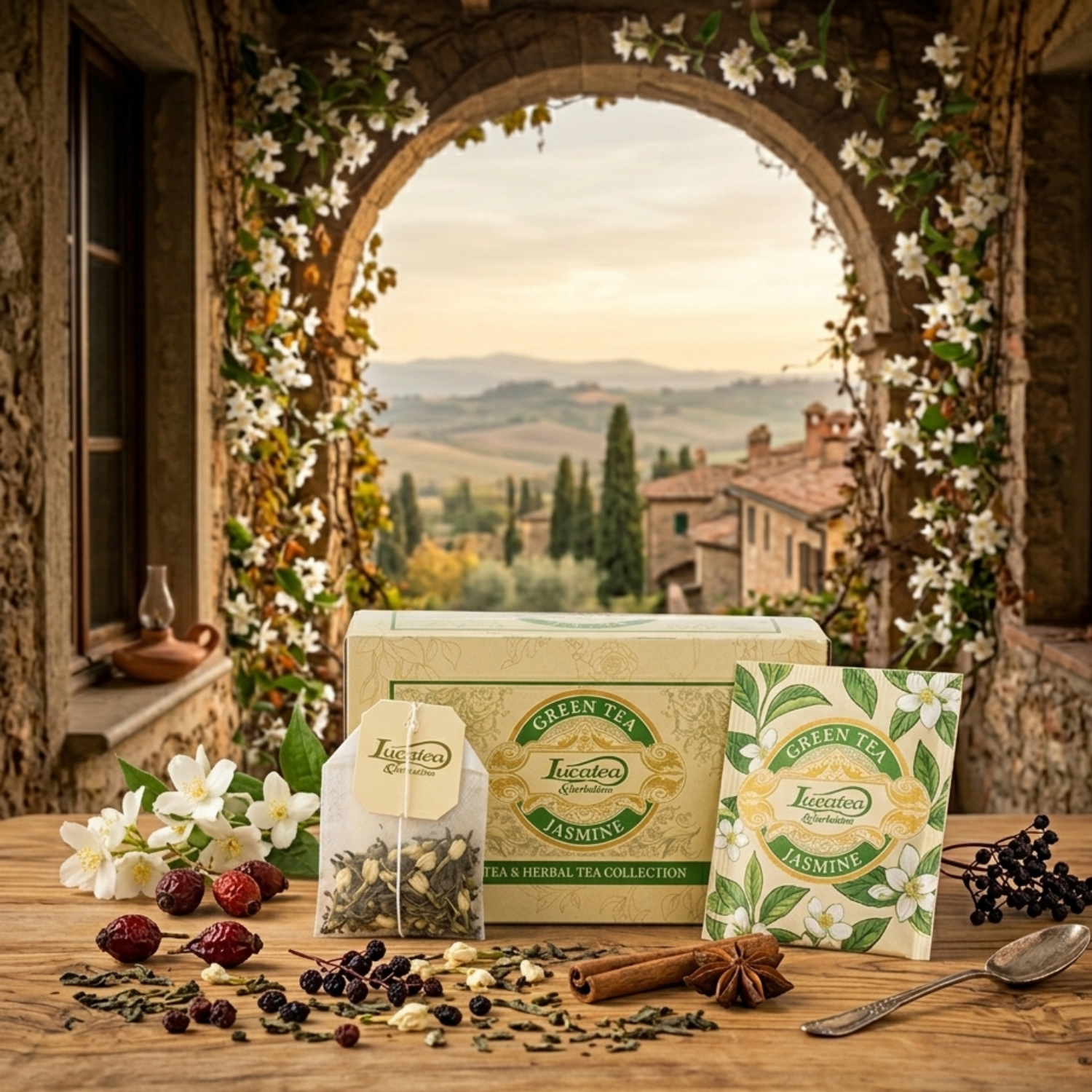 Green jasmine tea bag collection box set with green round labels and box fronts