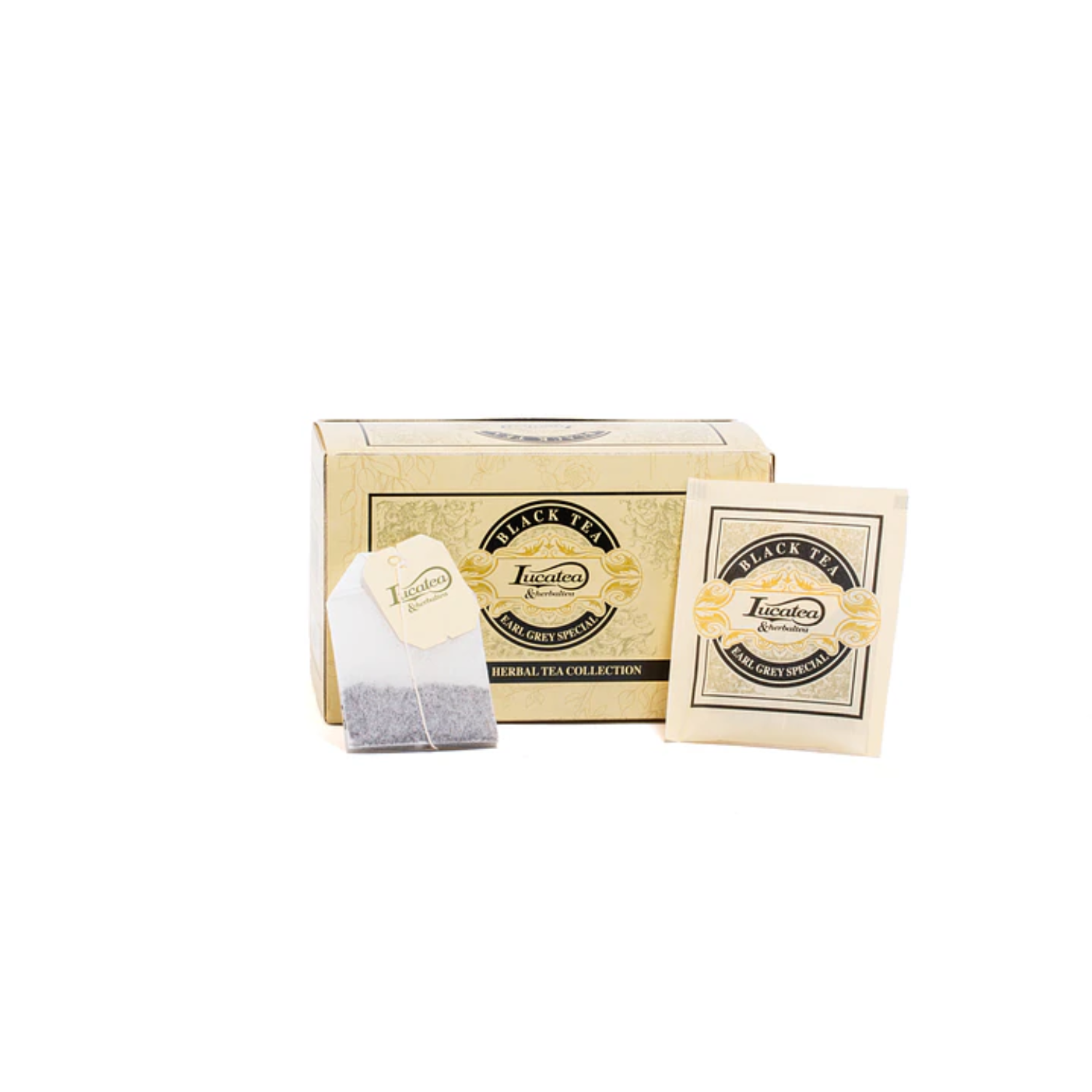 Lucaffé LucaTea Earl Grey black tea bags box with tea bag and sachet
