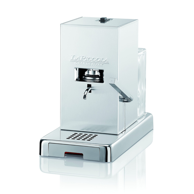 White coffee pod espresso machine with chrome drip tray and side lever