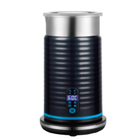 Electric milk frother with stainless top, dark body, digital display and touch buttons