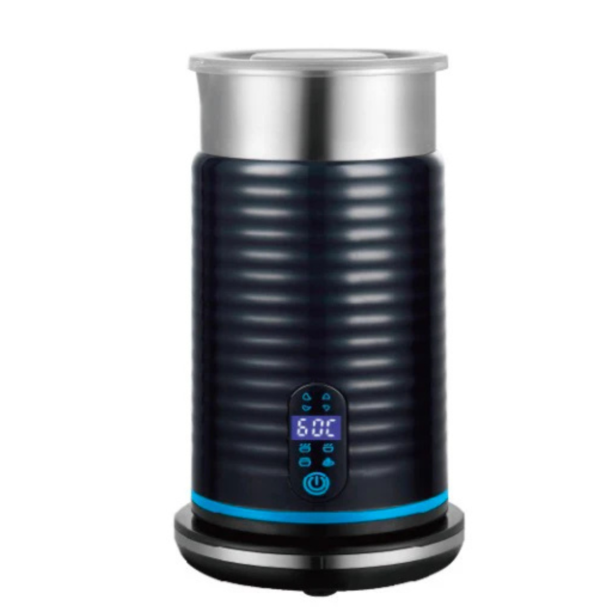 Electric milk frother with stainless top, dark body, digital display and touch buttons