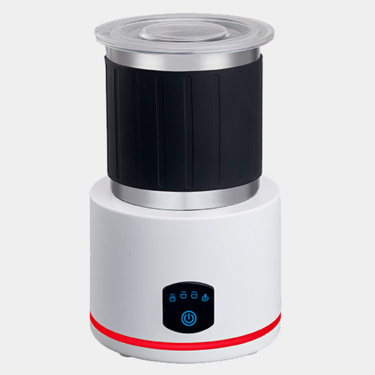 White automatic milk frother with clear lid and blue LED control buttons
