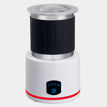 White automatic milk frother with clear lid and blue LED control buttons