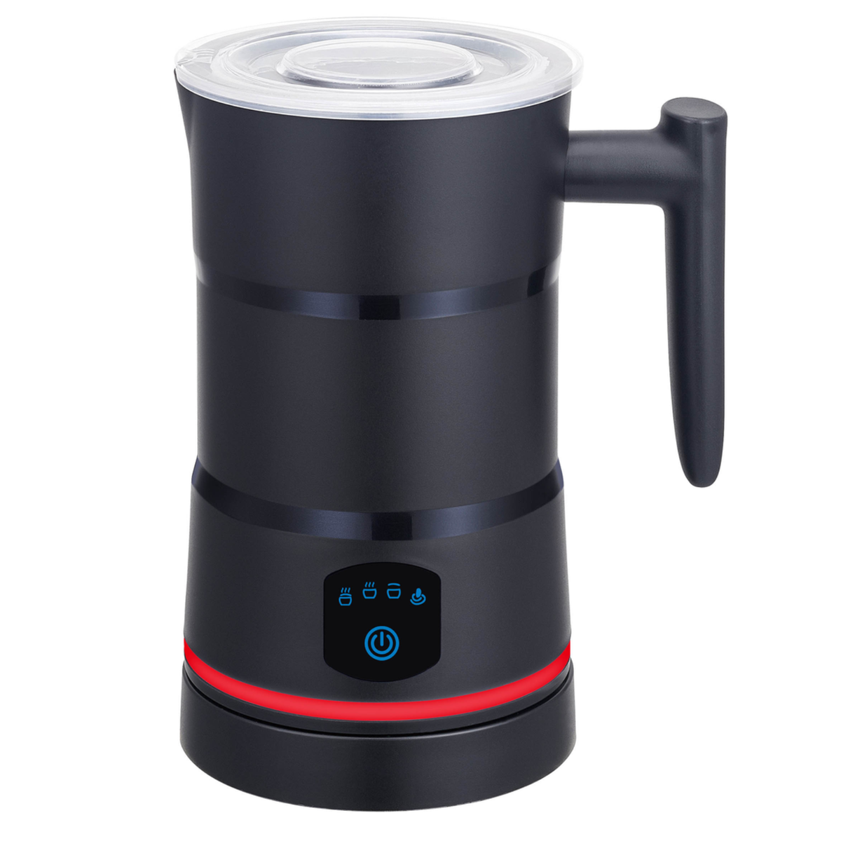Black electric milk frother pitcher with handle and digital control panel, red ring.