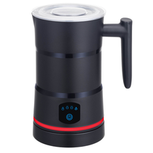Black electric milk frother pitcher with handle and digital control panel, red ring.
