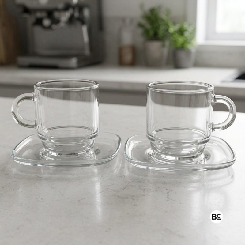 Two clear glass espresso cups with handles and matching saucers, 90 ml set