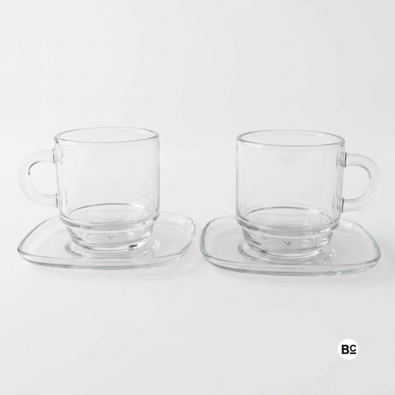 Two clear glass espresso cups and saucers, stackable design, 90 ml set of 2