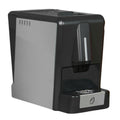 Silver pod coffee machine with front dispenser, drip tray, and capsule holder