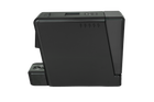 Gloss black pod coffee machine, side view with controls and front dispenser