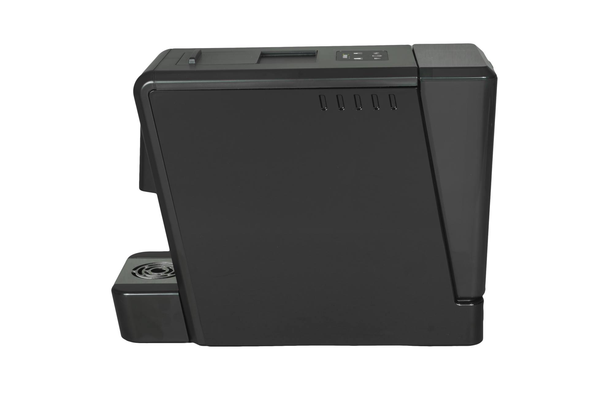 Gloss black pod coffee machine, side view with controls and front dispenser