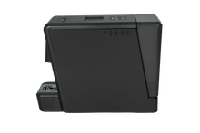 Gloss black pod coffee machine, side view with controls and front dispenser