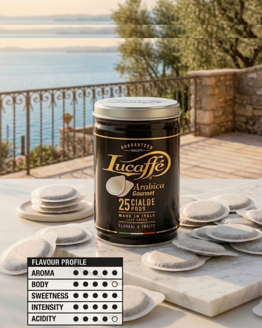 Lucaffé Mr. Exclusive Arabica ESE pods tin with white coffee pods