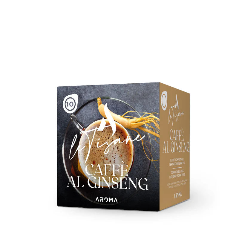 10-count ESE ginseng coffee pods box, Aroma branding with roots illustration