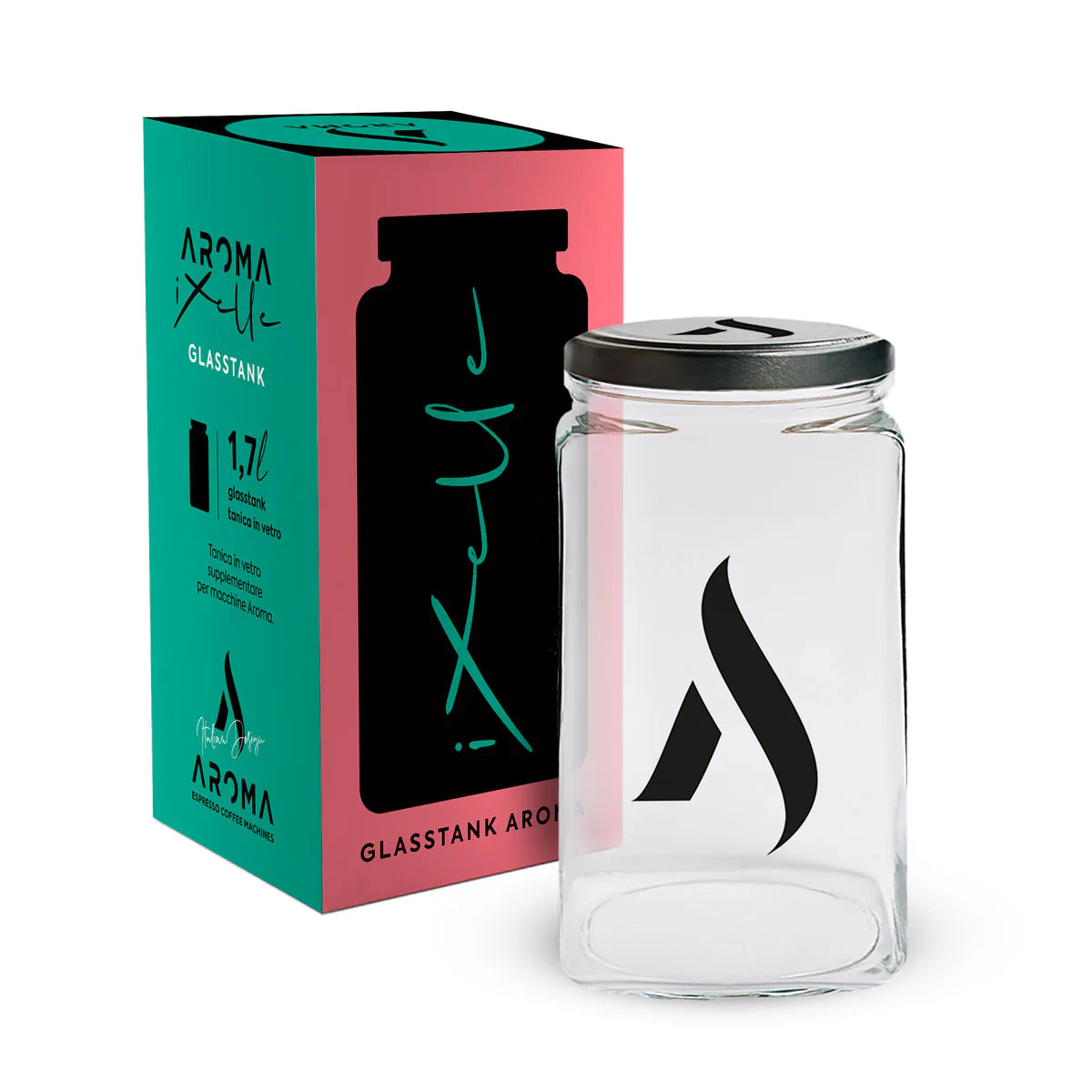 IXELLE glass jar with black flame logo and silver metal lid