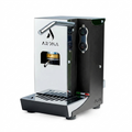 Coffee pod machine with white front and black side panel, chrome steam handle