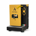 Gold coffee pod machine with green top handle and black control panel