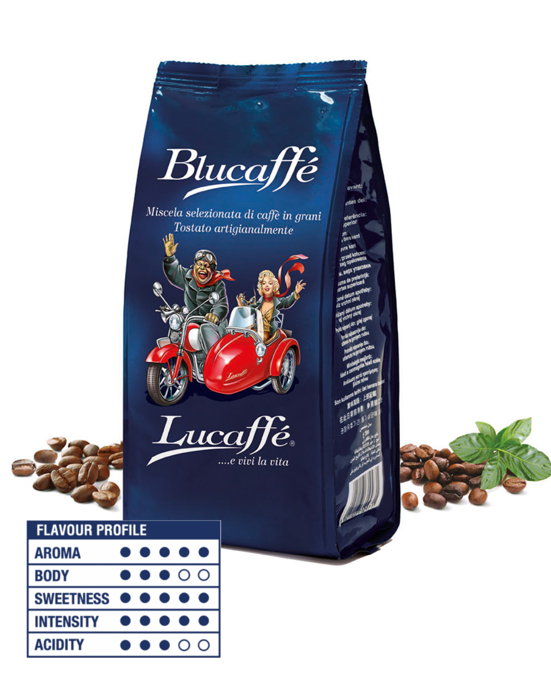 Lucaffé Blucaffè 700g coffee beans bag with illustrated scooter graphic