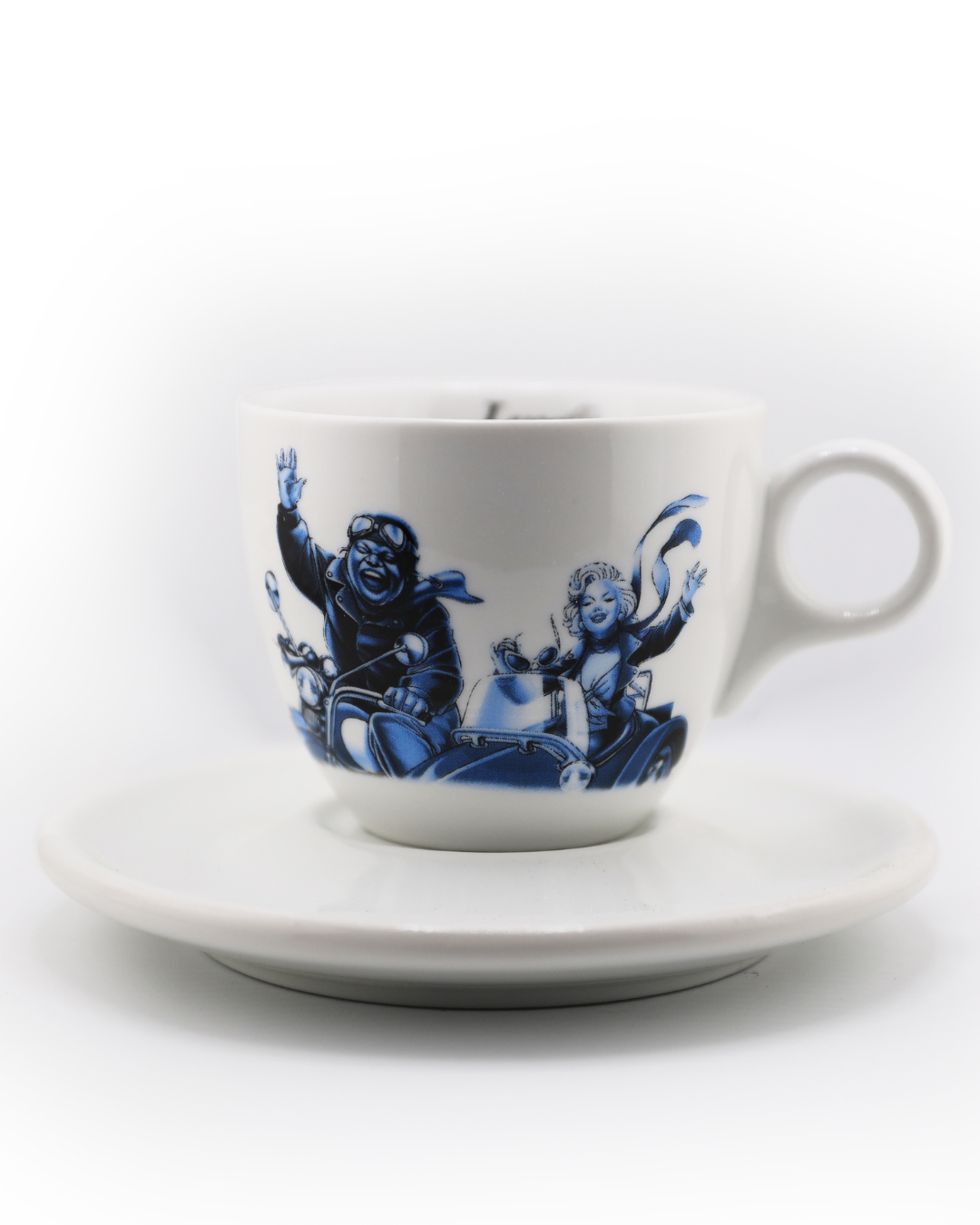 Blue-and-white cappuccino cup with saucer, printed cherub and musician design