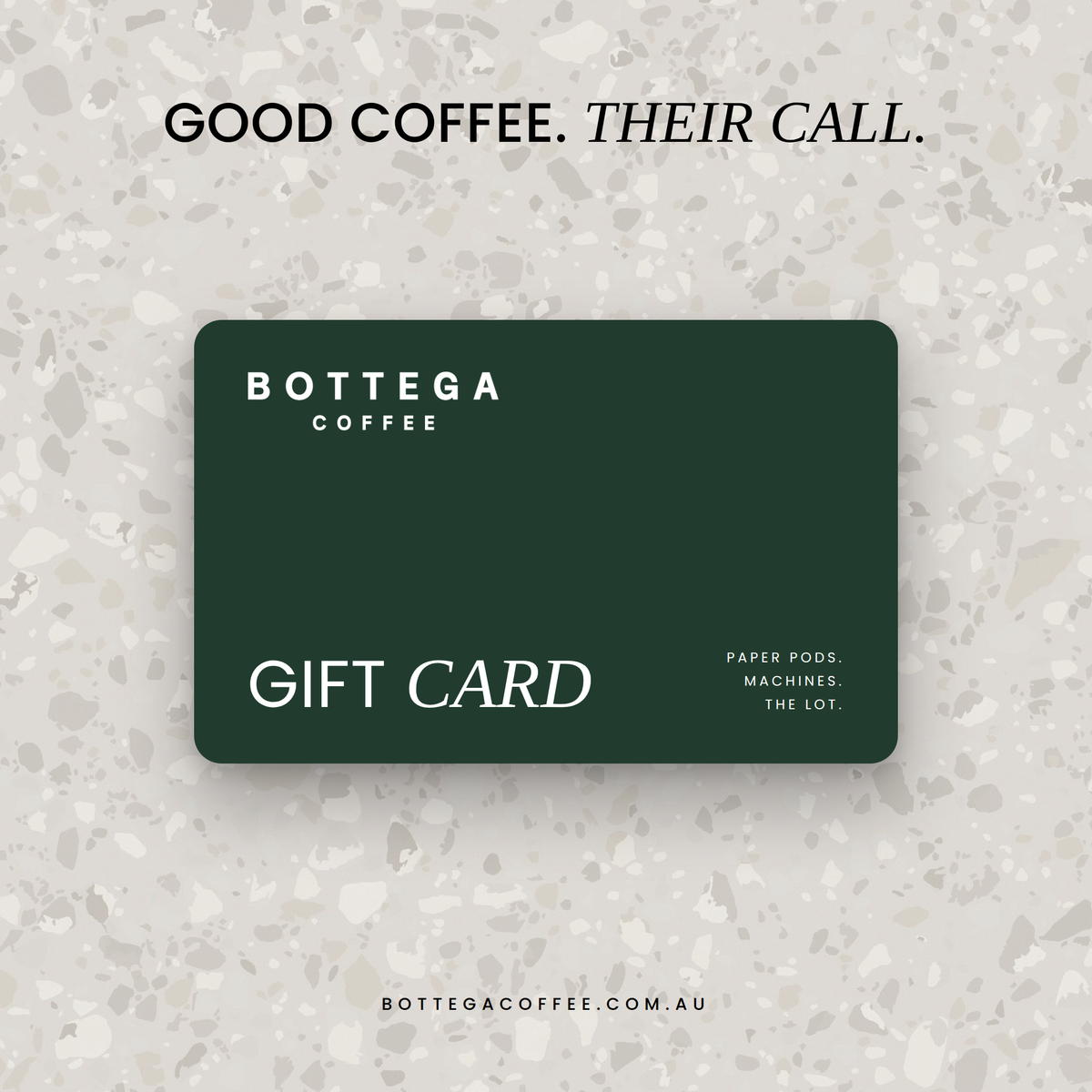 Dark green Bottega Coffee gift card with white text and logo