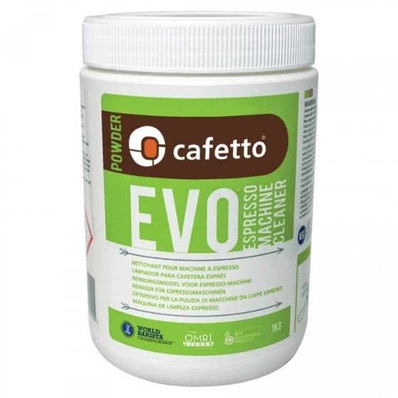 EVO espresso machine cleaner powder in white plastic jar with green Cafetto label, 500 g