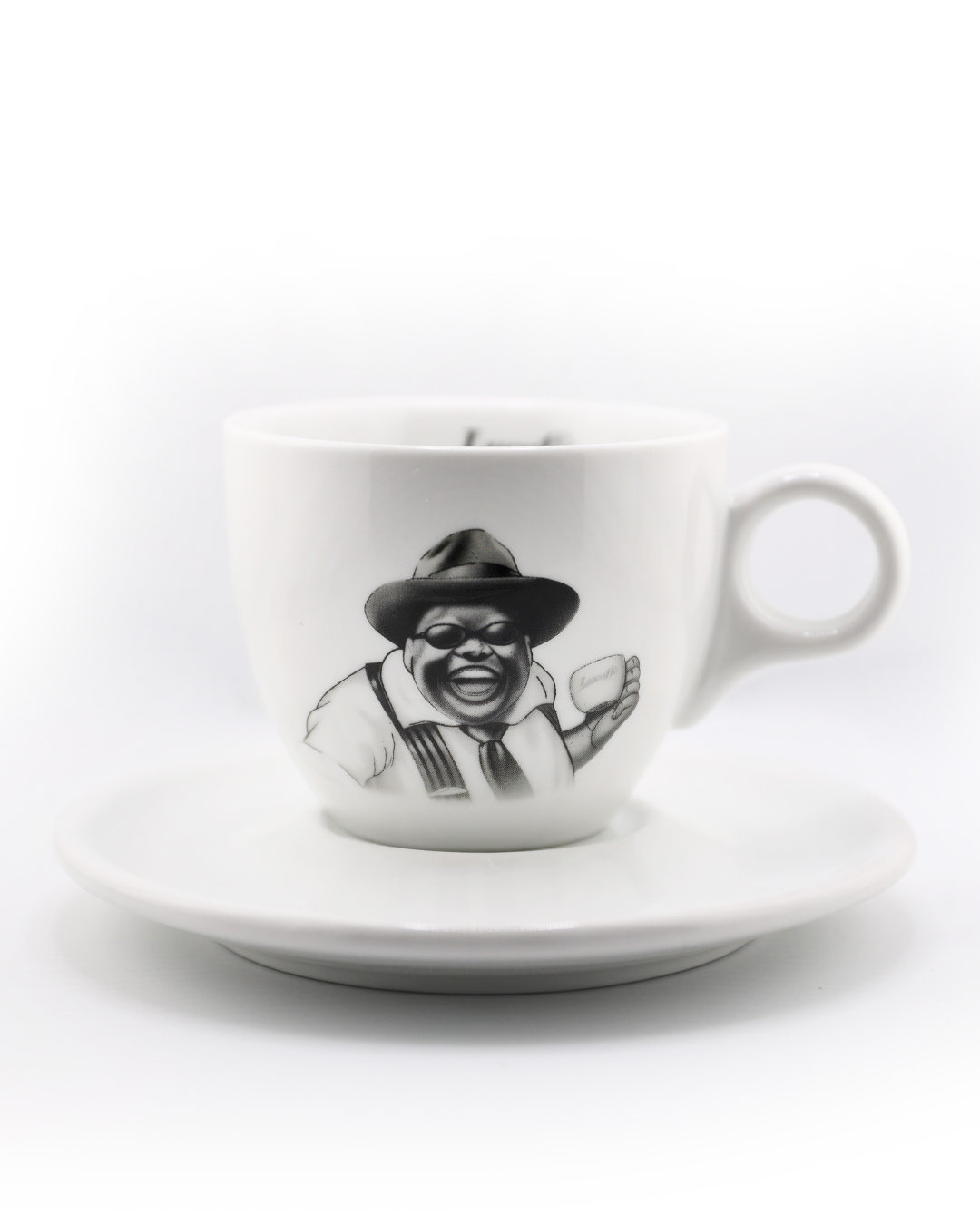 Lucaffe cappuccino cup and saucer, white ceramic with black illustrated woman graphic