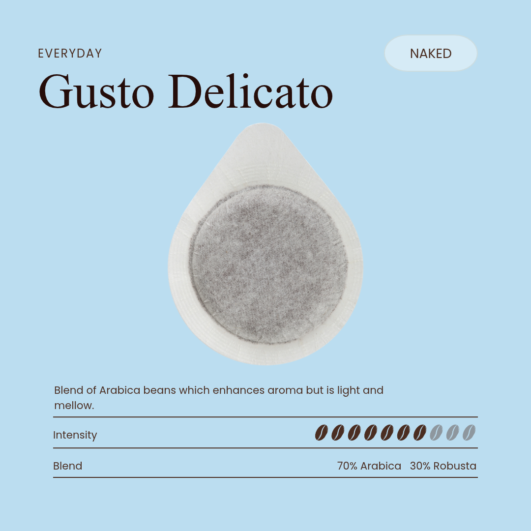 Unwrapped Gusto Delicato coffee pod with visible ground coffee surface
