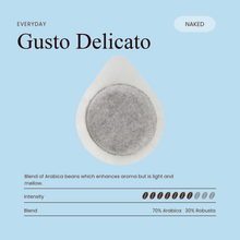 Unwrapped Gusto Delicato coffee pod with visible ground coffee surface