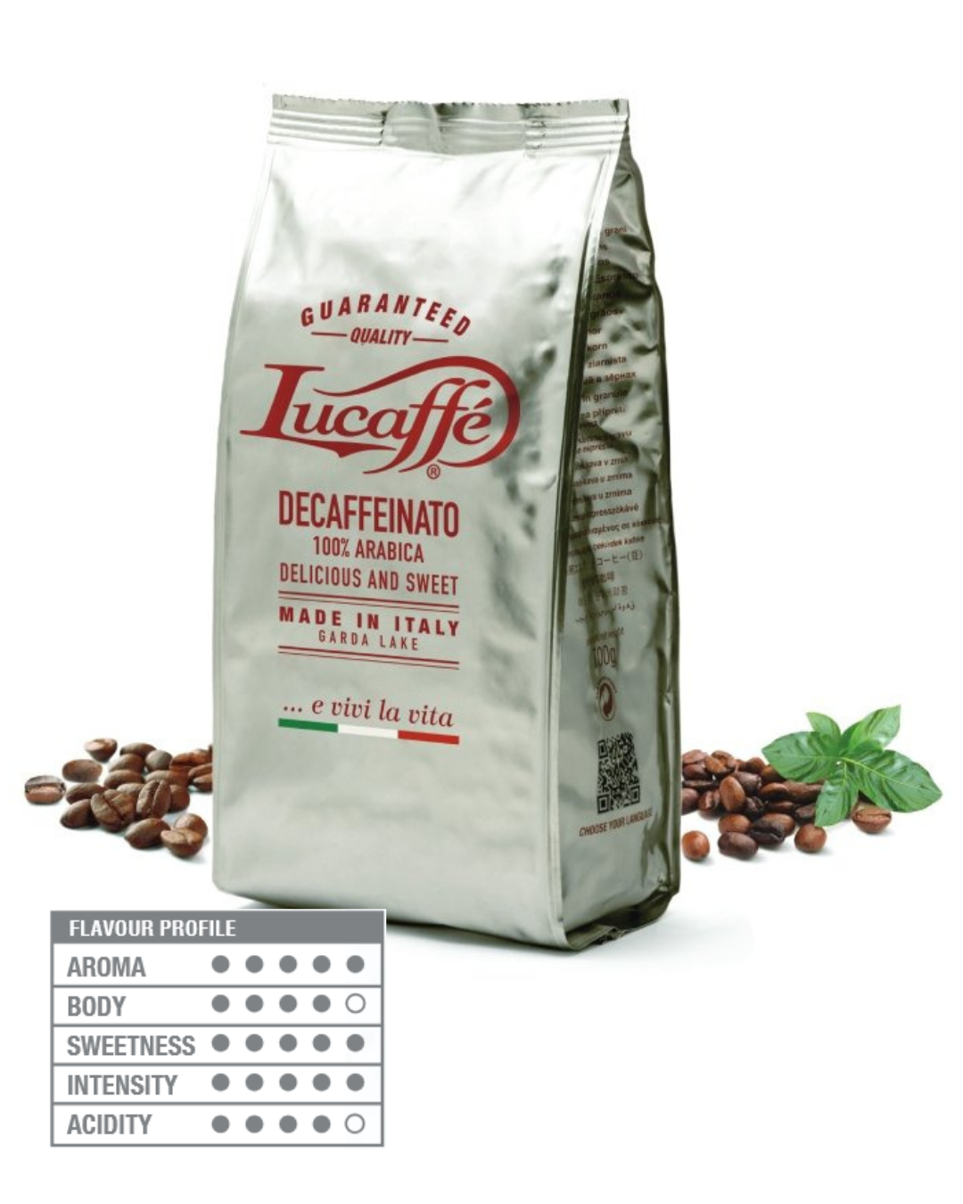 Lucaffé decaffeinated coffee beans, silver bag with red logo and coffee beans