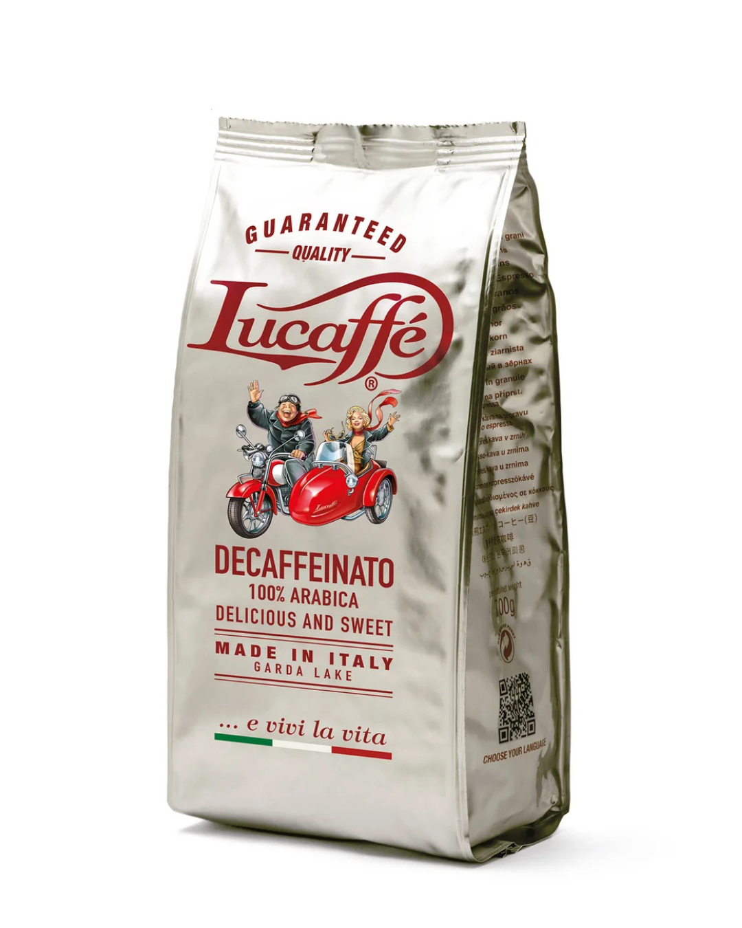 Lucaffé decaffeinated coffee beans in a silver bag, front view