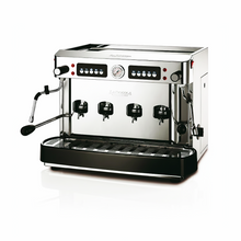 Stainless pod coffee machine with front controls, pressure gauge, and dispensing group