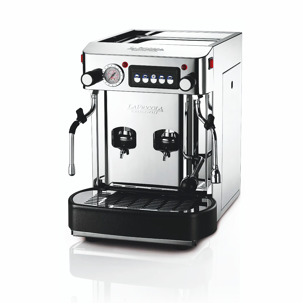 Compact stainless pod coffee machine with pressure gauge, button panel, and dual spouts