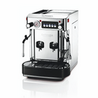 Compact stainless pod coffee machine with pressure gauge, button panel, and dual spouts