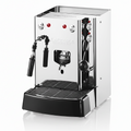 Stainless steel pod coffee machine with black water tank and drip tray
