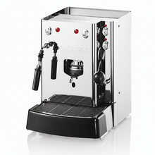 Stainless steel pod coffee machine with black water tank and drip tray