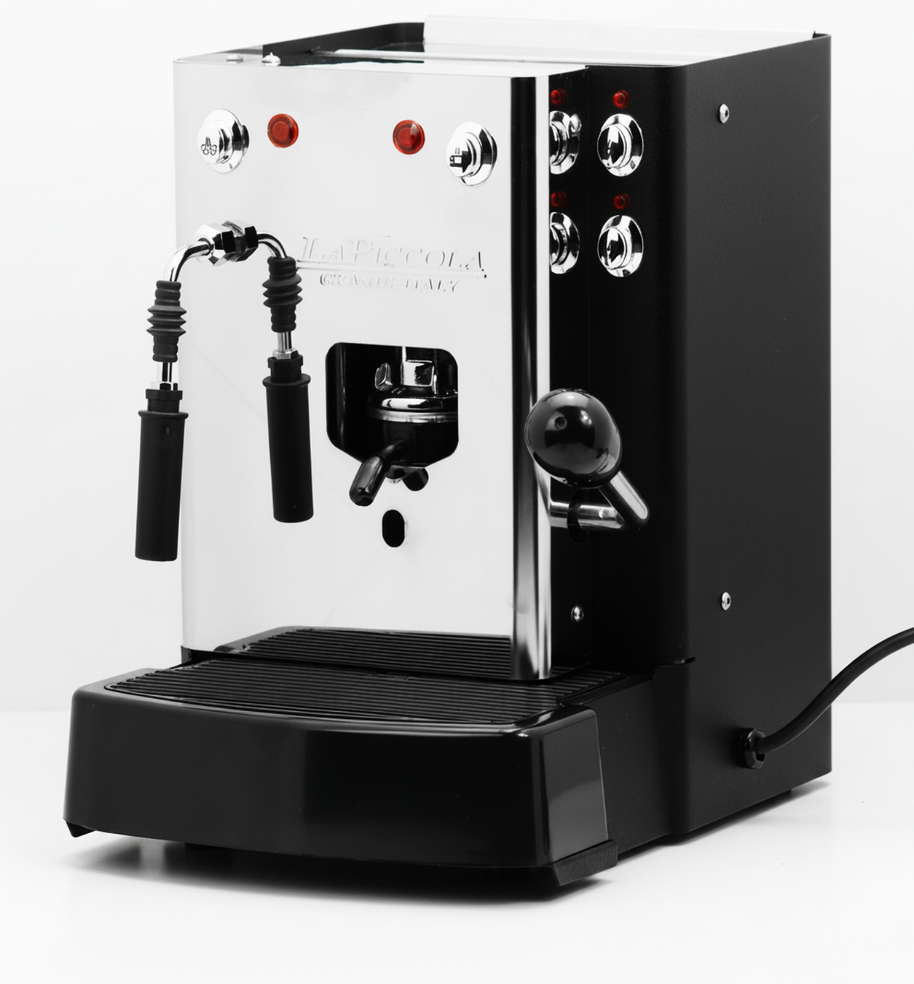 Black and stainless steel pod coffee machine with two spouts and controls