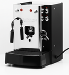 Black and stainless steel pod coffee machine with two spouts and controls