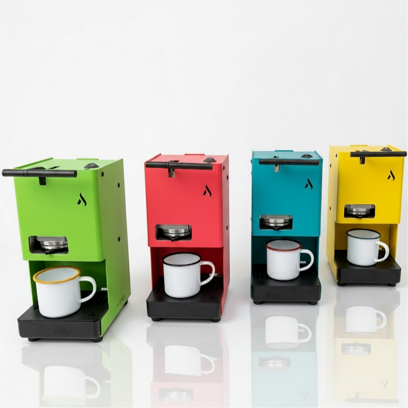Enamel espresso cups in colorful display stands (4 colors), 130 ml
