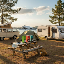 Compact coffee pod machine on camping table with pods and accessories